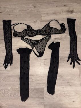 PLAYBOY Black Sheer Set with icon bunny ears, bunny stockings, icon gloves NWOT